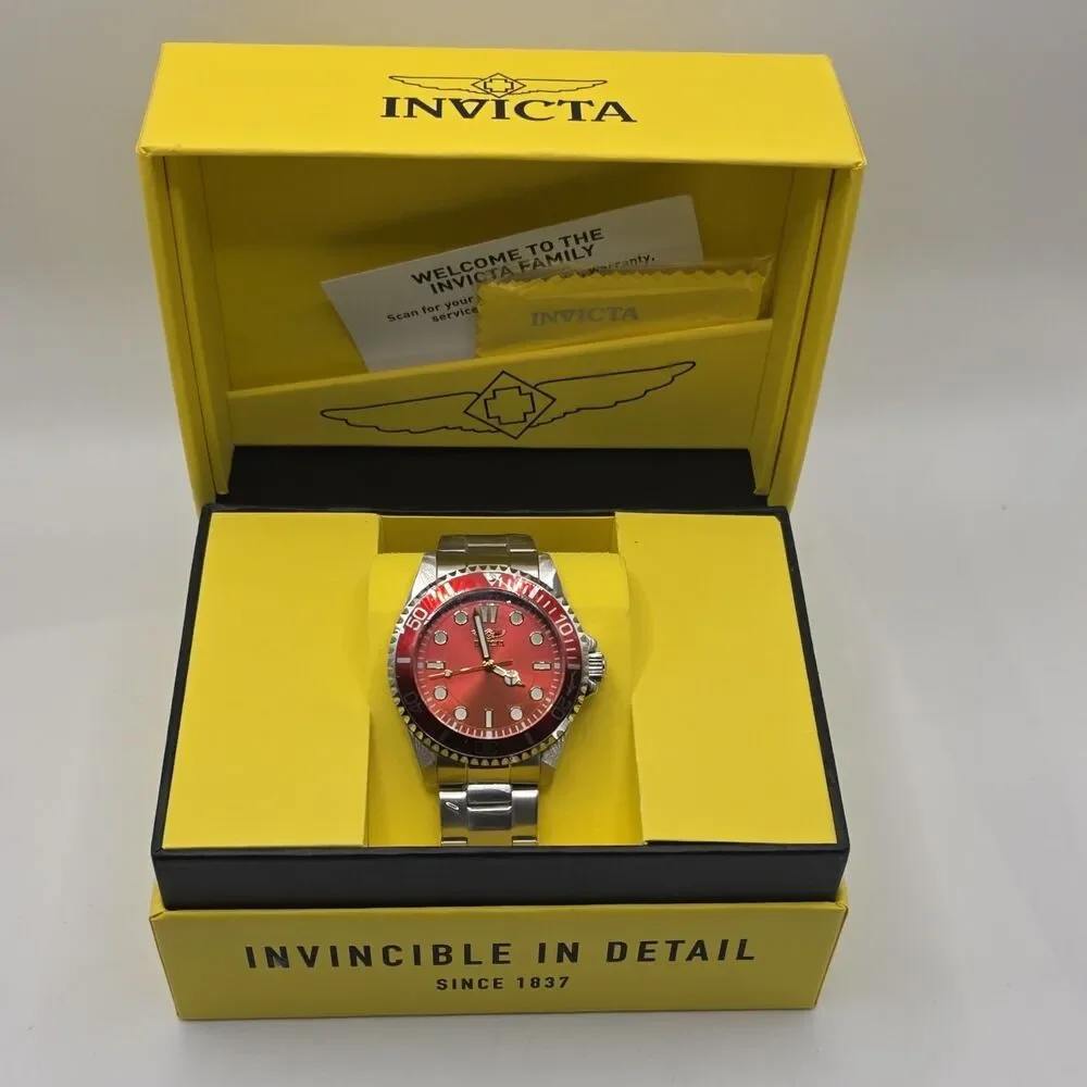 Invicta Pro Diver Men's Quartz Watch 200m, Red Dial/Bezel, SS Bracelet 50506